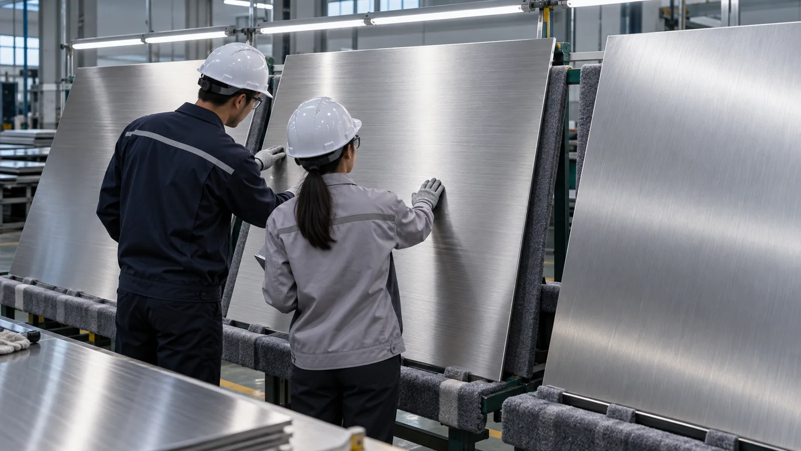 采购与质量人员在统一灯光下检查多张不锈钢拉丝板的场景示意