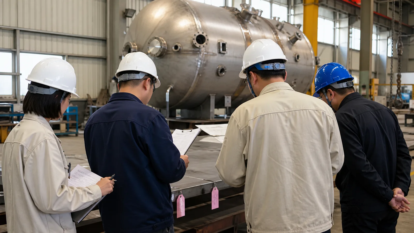背对镜头的化工设备采购和质量人员核对不锈钢材料文件