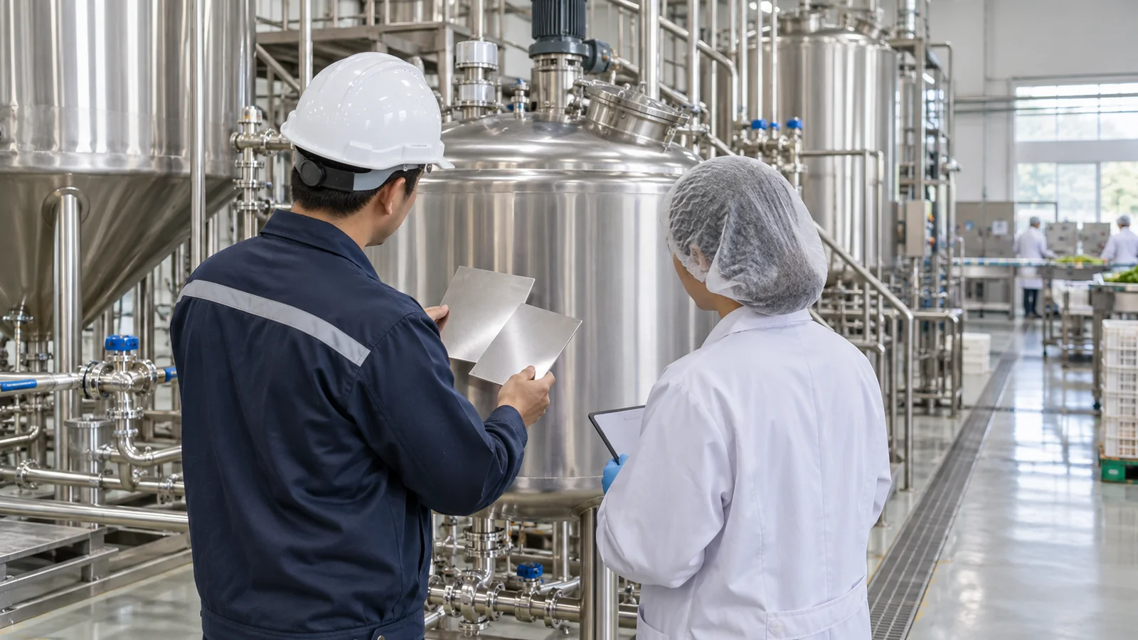 食品设备材料评审人员对比不锈钢样板与卫生级储罐的场景示意